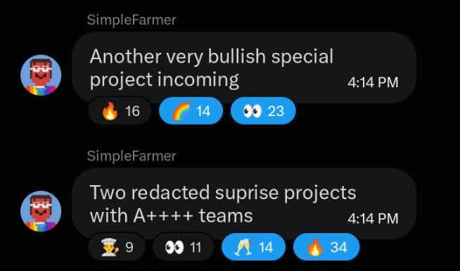 A Discord screenshot from user "SimpleFarmer" showing two messages from 4:14 PM: "Another very bullish special project incoming" (with 16 fire, 14 rainbow, 23 eyes emojis) and "Two redacted suprise projects with A++++ teams" (with 9 money, 11 eyes, 14 praying hands, 34 fire emojis), highlighting $STONKBROKER's growing pipeline of teased developments.