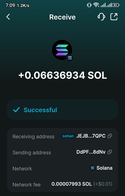 A Solana wallet app screen shows a successful transaction receiving +0.06636934 SOL, with network fee of 0.00007993 SOL.