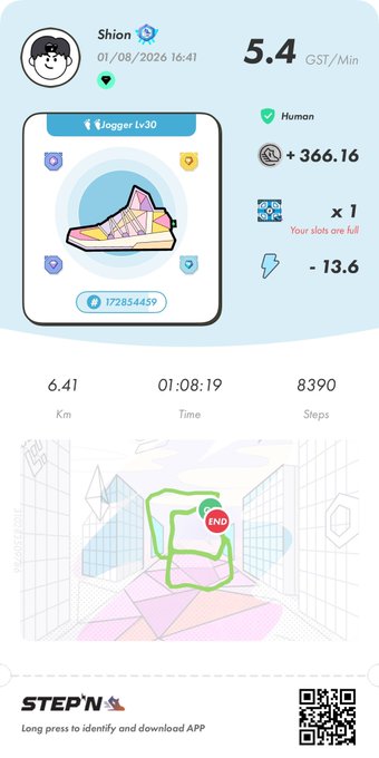 A screenshot of the STEPN app showing running stats for user 'Shion' on 01/08/2026, including a level 30 sneaker, 5.4 GST/Min, and a map of a 6.41 km route.