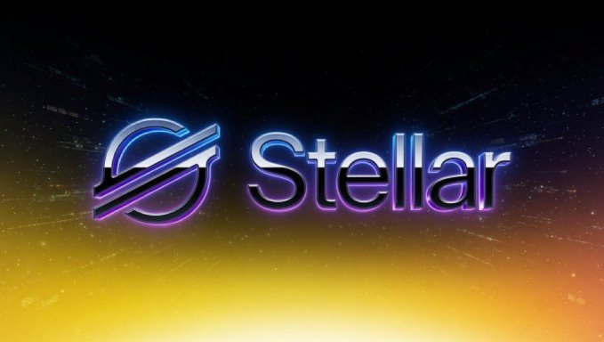 The Stellar (XLM) cryptocurrency logo displayed in glowing purple and blue neon-style lettering on a dark background.