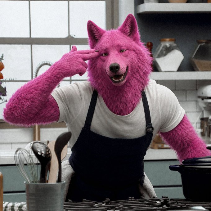 A surreal scene of a person wearing a bright pink wolf/dog head mask and matching furry arms, dressed in a white t-shirt and dark apron, standing in a kitchen with hand gestures.