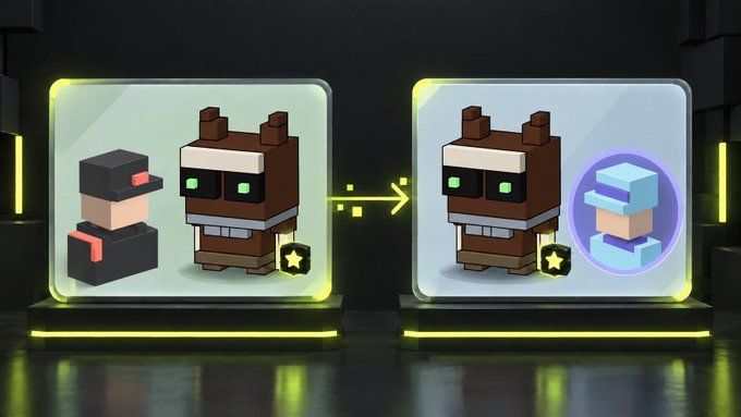 A video game interface showing character customization or transformation, displaying two cuboid-style characters with star icons, with an arrow indicating evolution from a darker character to a lighter blue-accented character.