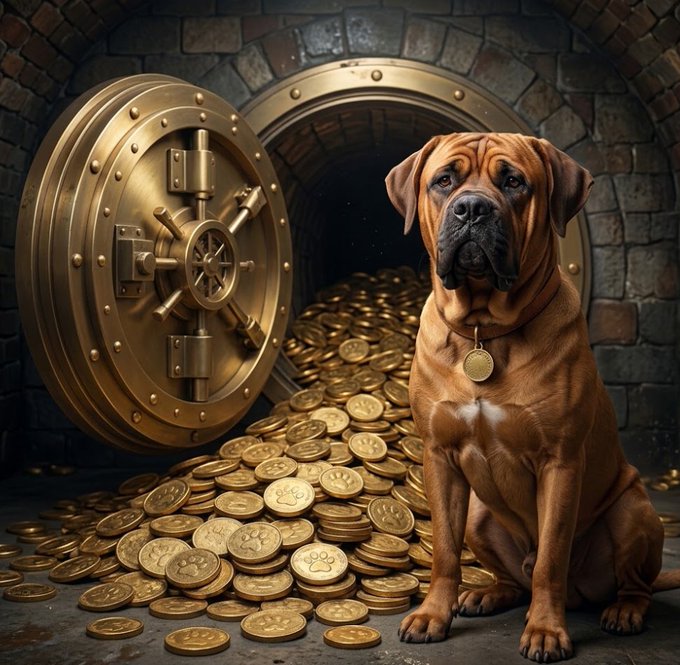 A large brown dog wearing a gold medallion sits in a stone vault beside an open circular safe, with many gold coins spilling across the floor.