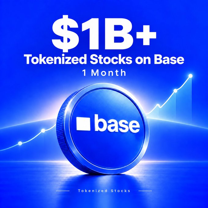 A promotional graphic on a blue background advertises '$1B+ Tokenized Stocks on Base' in 1 month, featuring a coin with the 'base' logo and a rising stock chart.