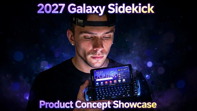 A "2027 Galaxy Sidekick - Product Concept Showcase" thumbnail showing a man with a head-mounted camera using a smartphone with a slide-out QWERTY keyboard against a cosmic purple background.