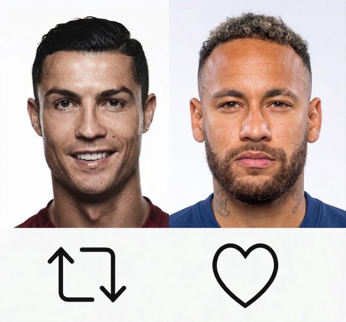 A split comparison image showing side-by-side portrait photos of Cristiano Ronaldo (left) and Neymar (right), with a swap arrow icon under Ronaldo and a heart icon under Neymar.
