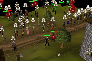 A screenshot from the video game Old School RuneScape shows a player character in the Wilderness surrounded by other players marked with skull icons, indicating a PvP combat zone.