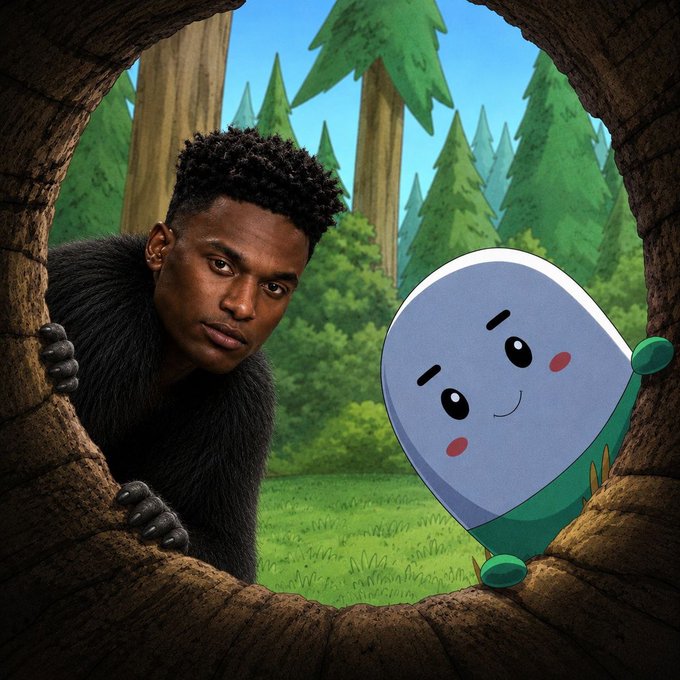 A creative composite image showing a realistic photo of a young Black man in a fur coat peeking from a tree hollow alongside a 3D animated white bean character in a forest setting.