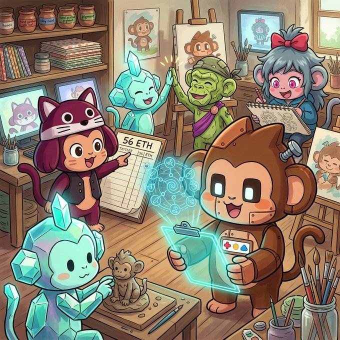 A colorful digital illustration of cute cartoon characters in an art studio, including a monkey in a gorilla suit holding a glowing clipboard, a cat in a mask, and crystal-like creatures, with text showing '56 ETH'.