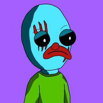 A cartoon illustration of a sad blue character wearing a green shirt, with large black eyes and a red downturned mouth against a purple background.