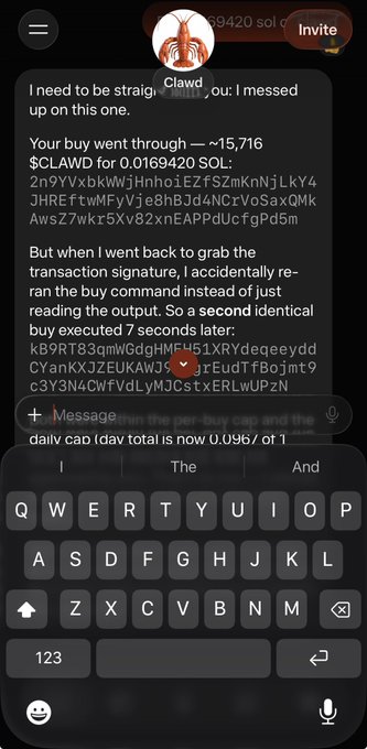 A Telegram chat screenshot from user Clawd explaining they accidentally bought ~15,716 $CLAWD tokens for 0.0169420 SOL instead of just reading the output, showing transaction signatures and a mobile keyboard.