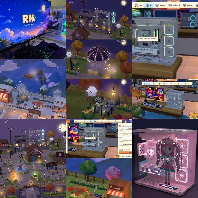 A collage of screenshots from a pixel-art style video game, showing various scenes including gaming setups with NVIDIA GeForce RTX 30 series and NVIDIA RTX 3050 PCs, characters like a Starlit Idol, and nighttime environments.