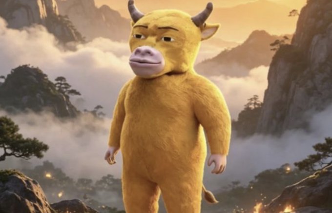 A yellow cartoon bull-like creature with horns stands amid a misty mountainous landscape, visually emphasizing the "beastly" and bullish sentiment about ETH's breakout, which the post highlights as the key driver that makes BTC's movement largely irrelevant by comparison.