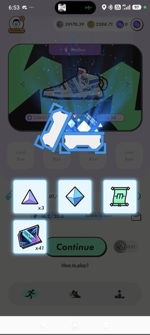 A mobile game screenshot showing a 'Walker' character or item screen with loot boxes and upgrade options, displaying in-game currencies of 30170.39 and 2308.71, and various in-game items including x3 and x41 quantities.