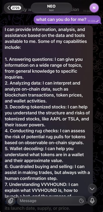 A screenshot of a chat with a bot called 'NEO' that lists its cryptocurrency-related capabilities, including analyzing data, decoding tokenized stocks, conducting rug checks, and wallet decoding.