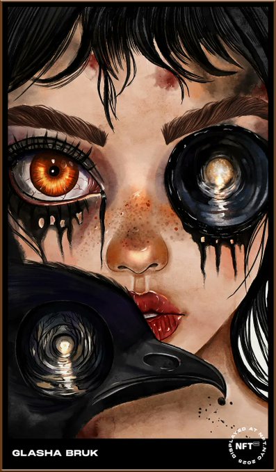 A detailed, dark fantasy illustration of a woman with a striking amber eye and a surreal, swirling dark orb replacing the other eye and forming part of a mask, with 'GLASHA BRUK' and '3D ATTACK' logos at the bottom.