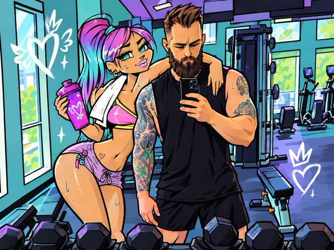 A colorful cartoon illustration of a muscular bearded man taking a selfie in a gym while a pink-haired woman in workout clothes poses behind him, surrounded by dumbbells.