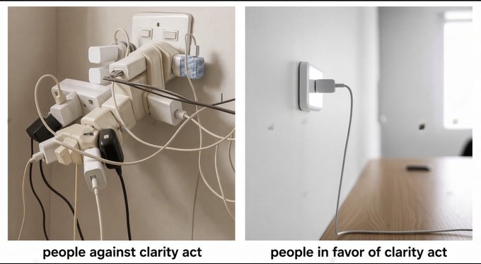A meme comparing two power outlets: the left shows a tangled mess of chargers labeled 'people against clarity act' while the right shows a single clean plug labeled 'people in favor of clarity act'.