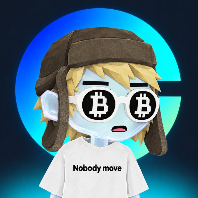 A cartoon avatar with blonde hair, a brown aviator hat, and "Bitcoin" logo sunglasses stands in front of a blue circular background, wearing a t-shirt that reads "Nobody move." The image playfully supports the request to loop the first agentic NFT on Base into Coinbase Wallet, blending crypto culture with a quirky meme aesthetic.