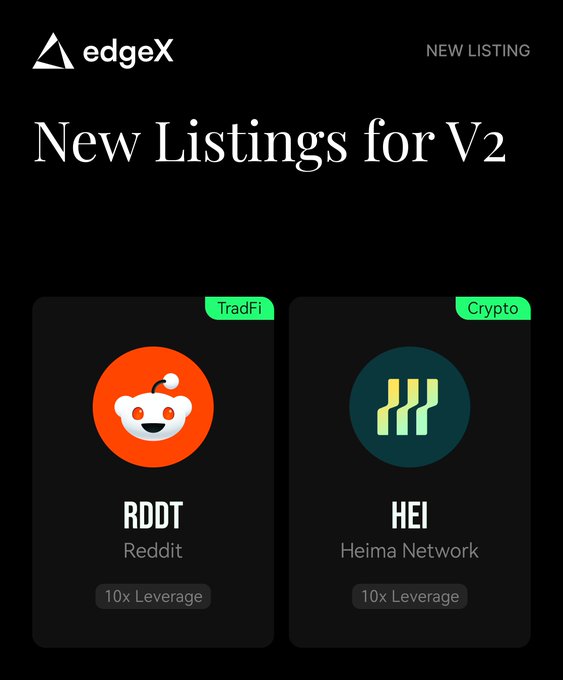 edgeX announces two new V2 perpetual listings: Reddit ($RDDT) on TradFi and Heima Network ($HEI) on Crypto, both available with 10x leverage on pro.edgex.exchange.
