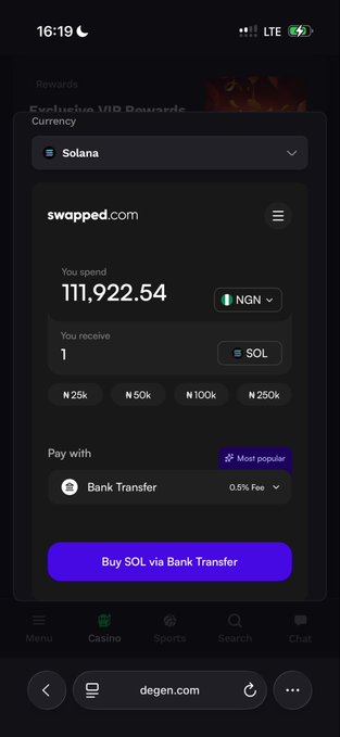 A mobile screenshot of swopped.com showing a currency exchange where the user spends 111,922.54 NGN to receive 1 SOL via Bank Transfer on the degen.com platform.