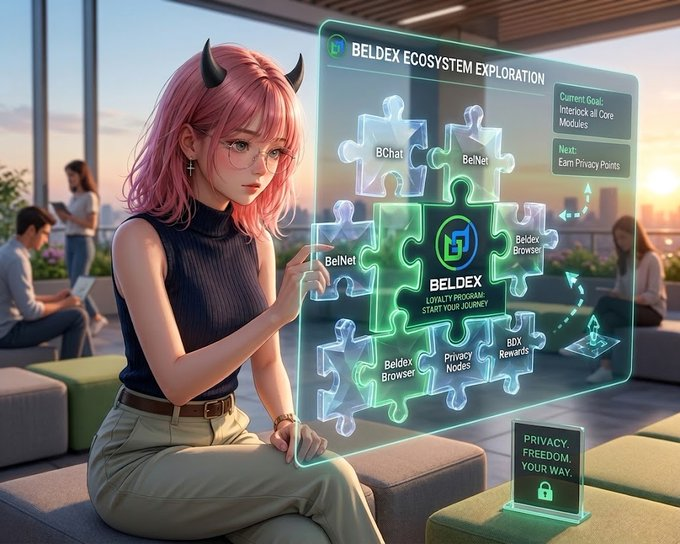 Anime-style pink-haired character with horn accessories sits in a modern office while interacting with a floating holographic interface titled 'BELDEX ECOSYSTEM EXPLORATION' displaying interconnected puzzle pieces labeled 'BChat', 'BelNet', 'Beldex Browser', 'Privacy Nodes', and 'BDX Rewards', with 'CURRENT GOAL: Interlock all Core Modules' and 'NEXT: Earn PinPin points' shown.