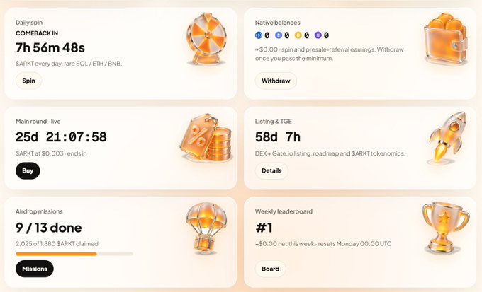 A user interface for a crypto/token dashboard showing metrics including 'Daily spin', 'Native balances', 'Main round live' (25d 21:07:58), 'Listing & TGE', 'Airdrop missions' (9/13 done), and 'Weekly leaderboard' (#1), all involving $ARKT tokens.