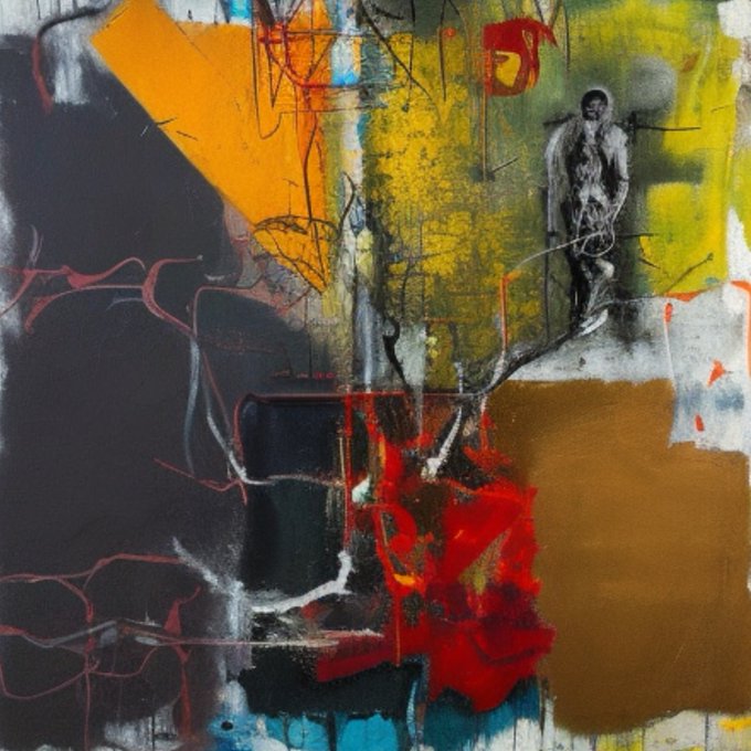 An abstract expressionist painting featuring bold black, yellow, red, and orange brushstrokes with a small figure of a man standing in the upper right, created by the artist @NftPeperoncino. The chaotic, layered composition with dripping paint and dramatic color contrasts showcases the artist's energetic, emotive style shared in the X post.