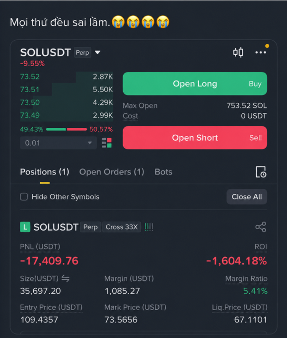 The image shows a trading dashboard for a cryptocurrency called "sol". The trading interface has three buttons, one of which appears to be red with an emoticon. On the left side of the dashboard, there are various statistics displayed such as the number of transactions, the current trade volume, and the market price. These numbers appear to indicate that the platform is actively processing and tracking the exchange rate between the cryptocurrency "sol" and other currencies like US dollars (€). The trading interface also offers features for buying and selling shares in sol.