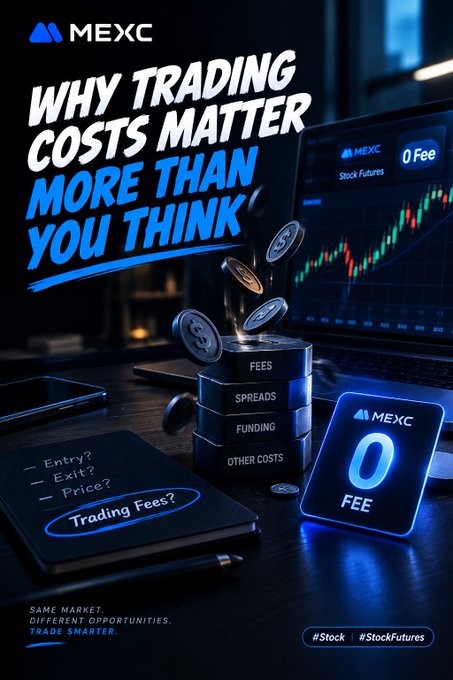 A MEXC promotional graphic titled 'WHY TRADING COSTS MATTER MORE THAN YOU THINK' features stacks of coins labeled FEES, SPREADS, FUNDING, and OTHER COSTS, alongside a glowing '0 FEE' badge for MEXC Stock Futures.