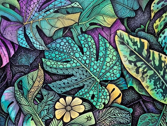 A vibrant, detailed illustration of various overlapping tropical leaves in shades of green, blue, purple, and yellow with intricate patterns and a single yellow flower.