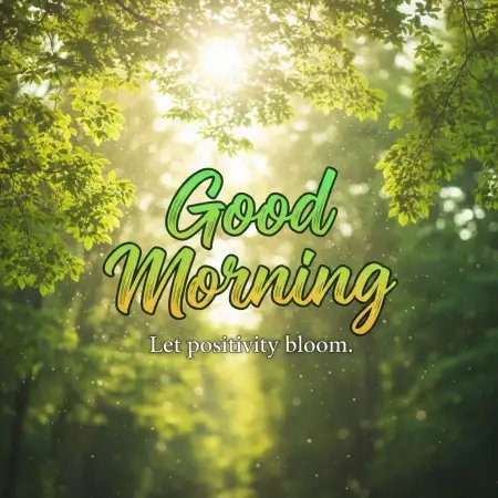 The image features a forest scene with sunlight shining through the trees, creating a warm and inviting atmosphere. The text "Good morning everyone Can i get Gm?" is written above the sunlit background, suggesting that it's time for a new day or a fresh start. The phrase "let positivity bloom" implies an encouragement to spread positivity and kindness in our daily lives.