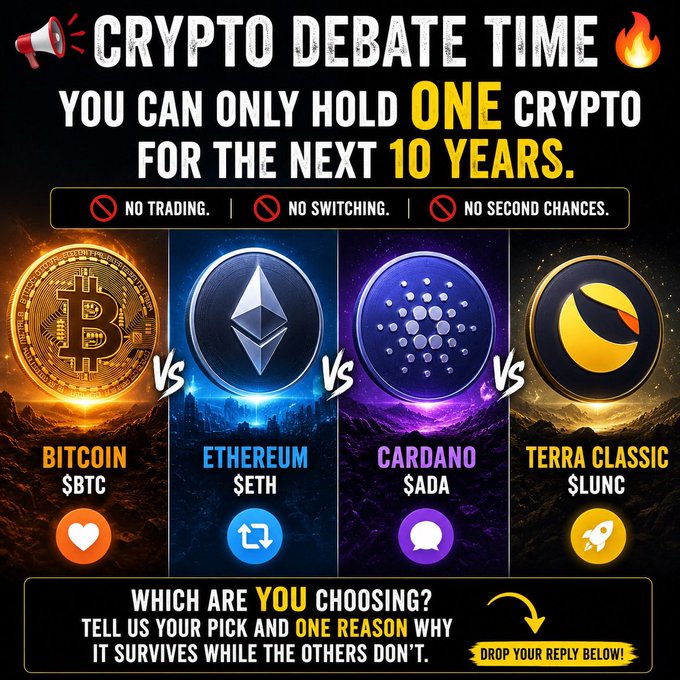 A black-background debate graphic titled "CRYPTO DEBATE TIME" challenges viewers to hold only one crypto for 10 years, pitting Bitcoin ($BTC), Ethereum ($ETH), Cardano ($ADA), and Terra Classic ($LUNC) against each other with the prompt "Which are you choosing?" and "Drop your reply below!" — aligning with the post endorsing $LUNC as a potential long-term hold among the listed alternatives.