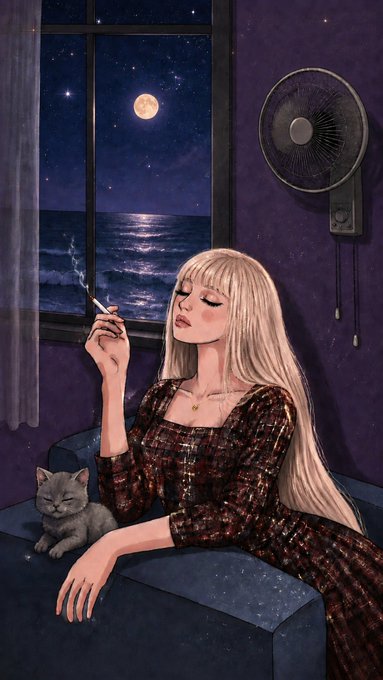 A blonde woman in a plaid dress sits by a moonlit window with a cigarette in hand and a gray cat beside her, with a fan mounted on the wall behind her—capturing the serene, contemplative mood of the "Moonlight" NFT listing on Transient Labs (Editions 1/1, Buy Now 0.025 ETH) from transient.xyz.