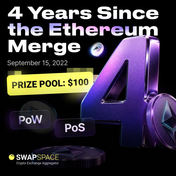 A promotional graphic celebrating the 4th anniversary of the Ethereum Merge on September 15, 2022, featuring a large purple "4" and Ethereum coins with "PoW" and "PoS" labels highlighting the shift in consensus mechanisms, alongside a $100 prize pool announcement from SwapSpace crypto exchange aggregator. The image illustrates the post's call to action inviting users to describe Ethereum before and after The Merge in just four words.