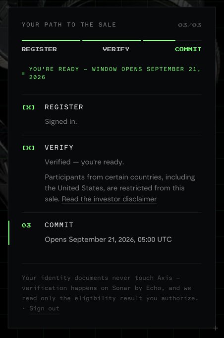 A dark-themed progress interface titled 'YOUR PATH TO THE SALE 03/03' showing three completed/pending steps (REGISTER, VERIFY, COMMIT) with text stating 'YOU'RE READY - WINDOW OPENS SEPTEMBER 21, 2026,' and noting that identity documents are verified on 'Sonar by Echo'.