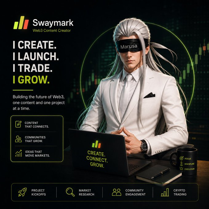 A promotional graphic for 'Swaymark' featuring a Web3 content creator with the tagline 'I CREATE. I LAUNCH. I TRADE. I GROW.' and a character with a 'Marusa' blindfold working on a laptop.