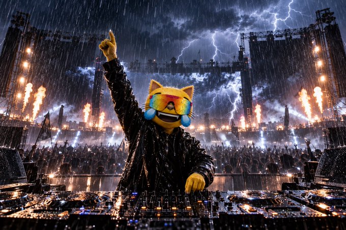 A DJ wearing a yellow cat-shaped helmet performs at a massive outdoor concert in the rain, with pyrotechnics, lightning, and a large crowd visible in the background.