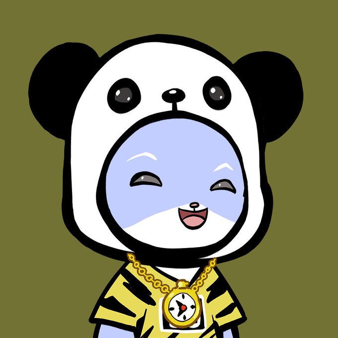 A cartoon character with a purple and white face wearing a black and white panda hood, a gold chain with a compass pendant, and a yellow tiger-striped shirt.