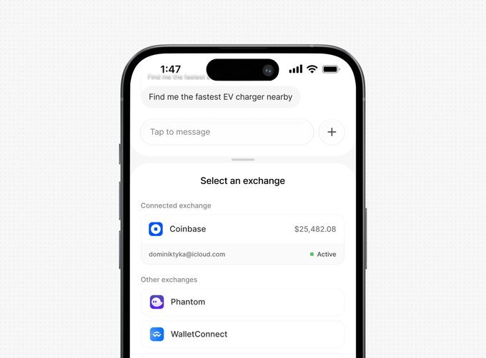 A smartphone mockup displaying a crypto exchange selection screen with a Coinbase account showing '$25,482.08', along with options for Phantom and WalletConnect, beneath the text 'Find me the fastest EV charger nearby'.