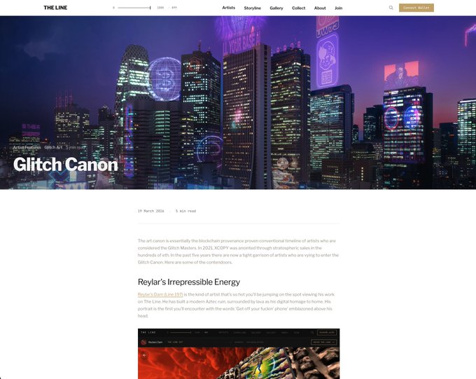 A webpage from 'THE LINE' featuring an article titled 'Glitch Canon' about artists Reylar and xcopy in the Glitch Art movement, dated 19 March 2024.