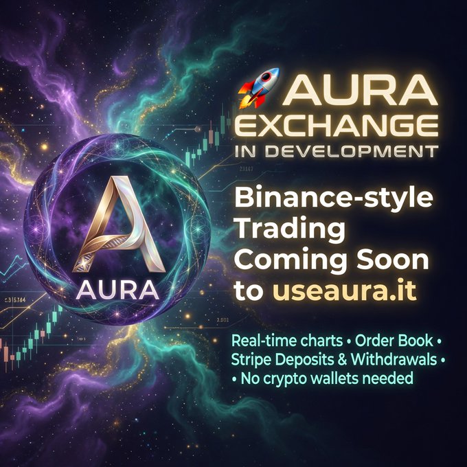 A purple and green nebula with a gold starburst logo, accompanied by the text "Aura Exchange In Development" and "Binance-style Trading Coming Soon to useeura.it".