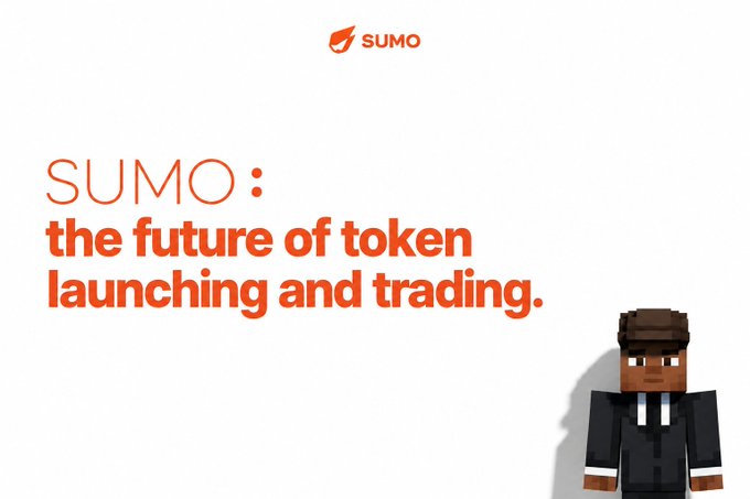A promotional graphic for SUMO with the text 'SUMO: the future of token launching and trading' alongside a Minecraft-style character in a suit.
