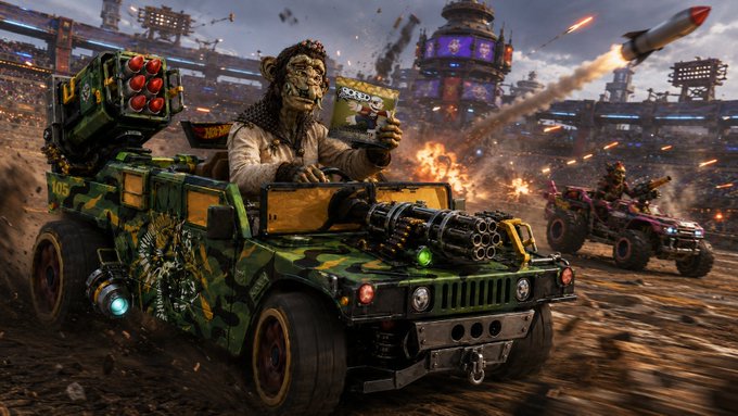 A video game promotional image of a military jeep with a minigun and rocket launcher driven by an anthropomorphic monkey holding a snack bag, set in a chaotic post-apocalyptic wasteland with other armed vehicles and exploding missiles.