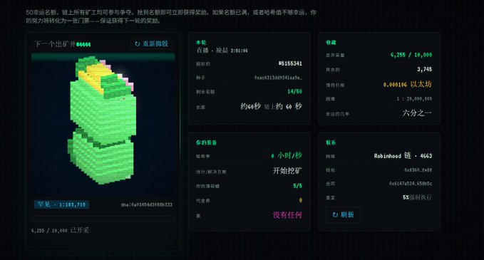 A screenshot of the minecatnft.com mining dashboard displays a pixelated green cat 3D model on the left alongside key statistics including a total reward of 6,255 / 10,000 ETH mined at block 1555341, a hash rate of 0.000106 以太坊, and the winning ticket "Robinhood 链 - 4663," illustrating the user's progress in the ETH mining game mentioned in the post.