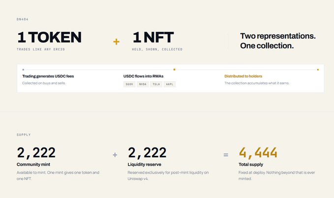 An infographic titled '1 TOKEN + 1 NFT = Two representations. One collection.' explaining a crypto supply of 2,222 community mints plus 2,222 liquidity reserves equaling 4,444 total supply.