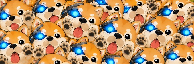 A repeating, meme-style pattern featuring many cartoon Shiba Inu dog faces with glowing blue cybernetic eyes reaching out with paws.