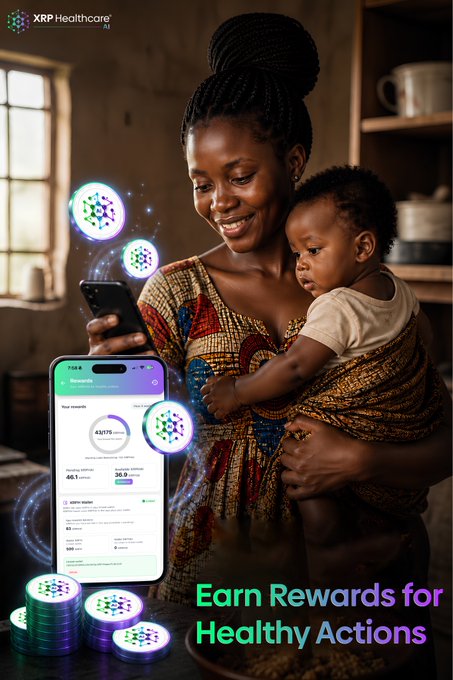The image features a woman holding a baby, both of them looking at a cell phone displaying an app called "XRPH Health Care". The text on the screen reads "Empower Rewards for Healthy Actions", suggesting that the app rewards users for taking positive steps towards better health and wellness. This could include actions such as exercising regularly or maintaining a balanced diet. The image also includes a stack of coins, which might be used to purchase points or rewards from the app.