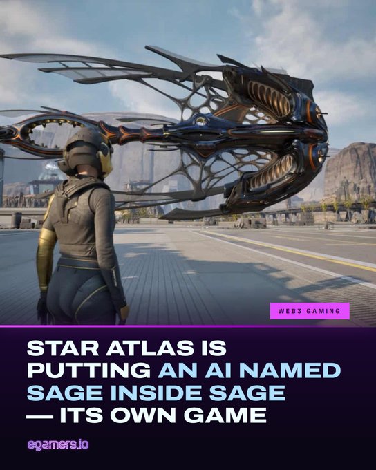 A promotional graphic showing a sci-fi scene from a video game with a character facing a large futuristic aircraft, captioned 'STAR ATLAS IS PUTTING AN AI NAMED SAGE INSIDE SAGE — ITS OWN GAME' from egamers.io.