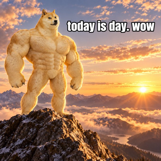 A buff Shiba Inu (Doge) stands triumphantly atop a mountain at sunrise with the text "today is day. wow," symbolizing the start of a new week with strength and determination, fitting the motivational $SWOGE/$DOGE post about fresh energy and bigger goals.